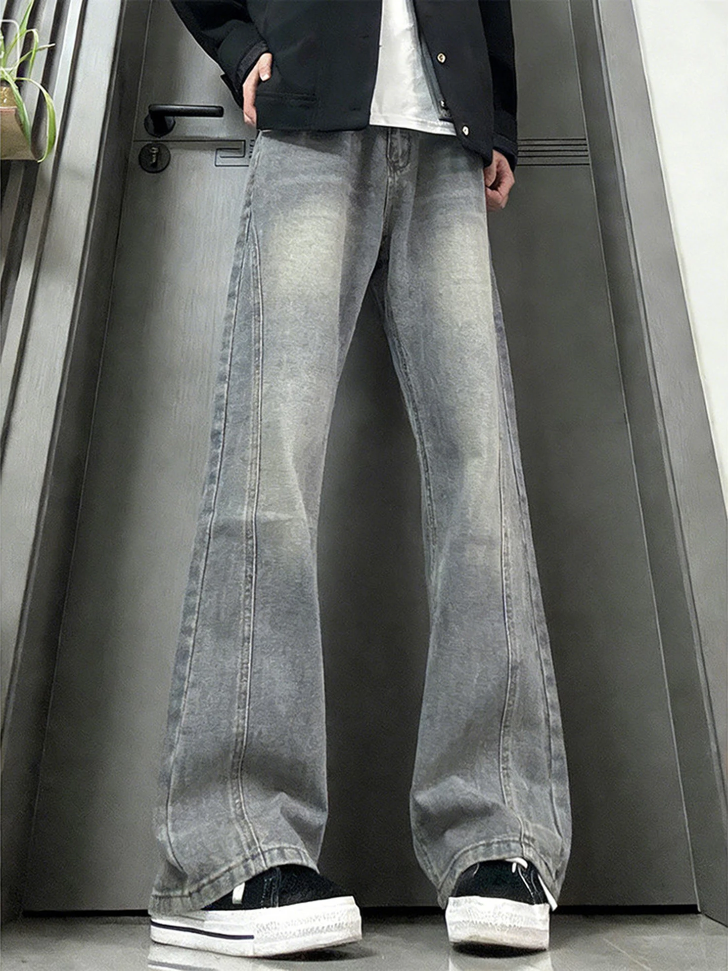 

Retro American Sle Thiened Fce Lined Straight Leg Slimming Bootcut Jeans Men's Autumn Winter High Waist Knife