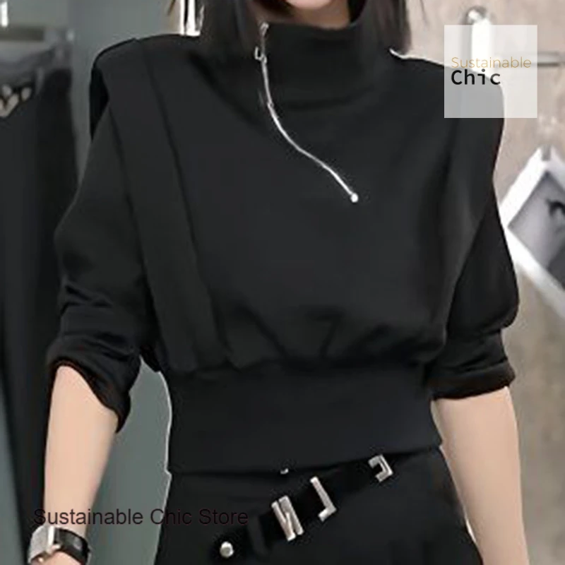 French style fashion design oblique half zipper sweater women's high-quality temperament short high waist long sleeve top