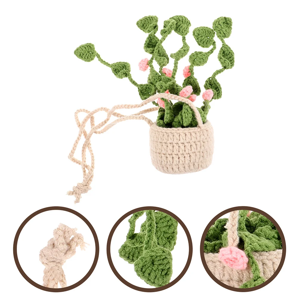 

2Pcs Boho Car Interior Decor Handmade Crochet Plant Ornament Hanging for Rearview Mirror Cute Knitted Potted Plant Accessory