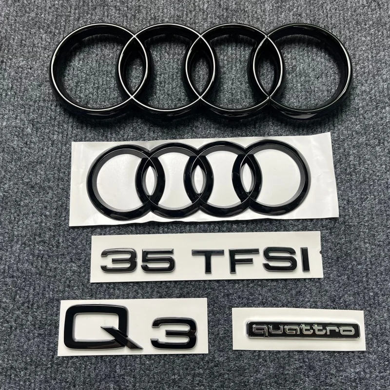

New AUDI 2013-2022 Q3 4Ring logo ABS Black Car Hood Front Grill Emblem Rear Trunk Badge Sticker Q3 Mark Quattro 35 TFSI Emblem