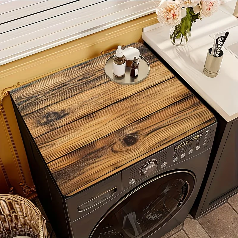 Dark Brown Wood Pattern Non-Slip Washer & Dryer Mat Protective Dust Cover for Laundry Appliances, for Home & Bathroom Decor