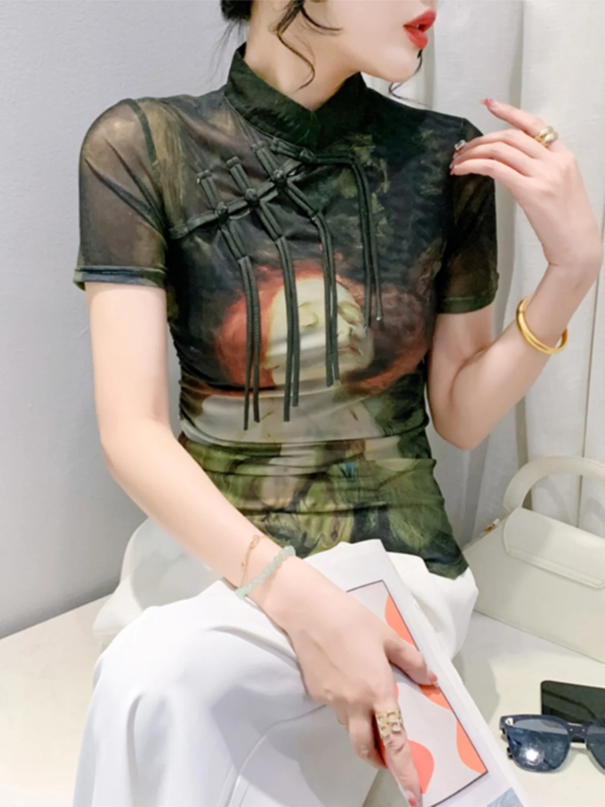 Retro chinesisches Sle T-Shirt mit Knopfdesign ort Sve Stehkragen Schöner Druck Sexy Me Top Sommer Pendeln Sle