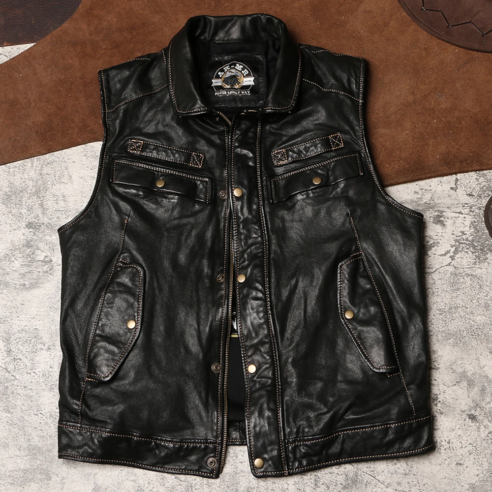 Cowhide Vest For Man Summer Spring Free Shipping Cow Head Leathe Waistcoat Genuine Leather Tank Tops Weskit Coat Vintage Fashion