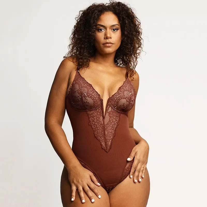 Sexy Deep V-Neck Lace Slimming Body Shaper Plus Size Tummy Control Push Up Sports Jumpsuit Breathable Bodysuit