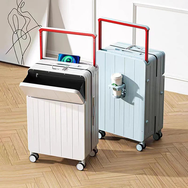 Wide Handle Suitcase Front Opening Luggage with USB Cup Holder High Quality Travel Bags Suitcases Travel Password Trolley Case