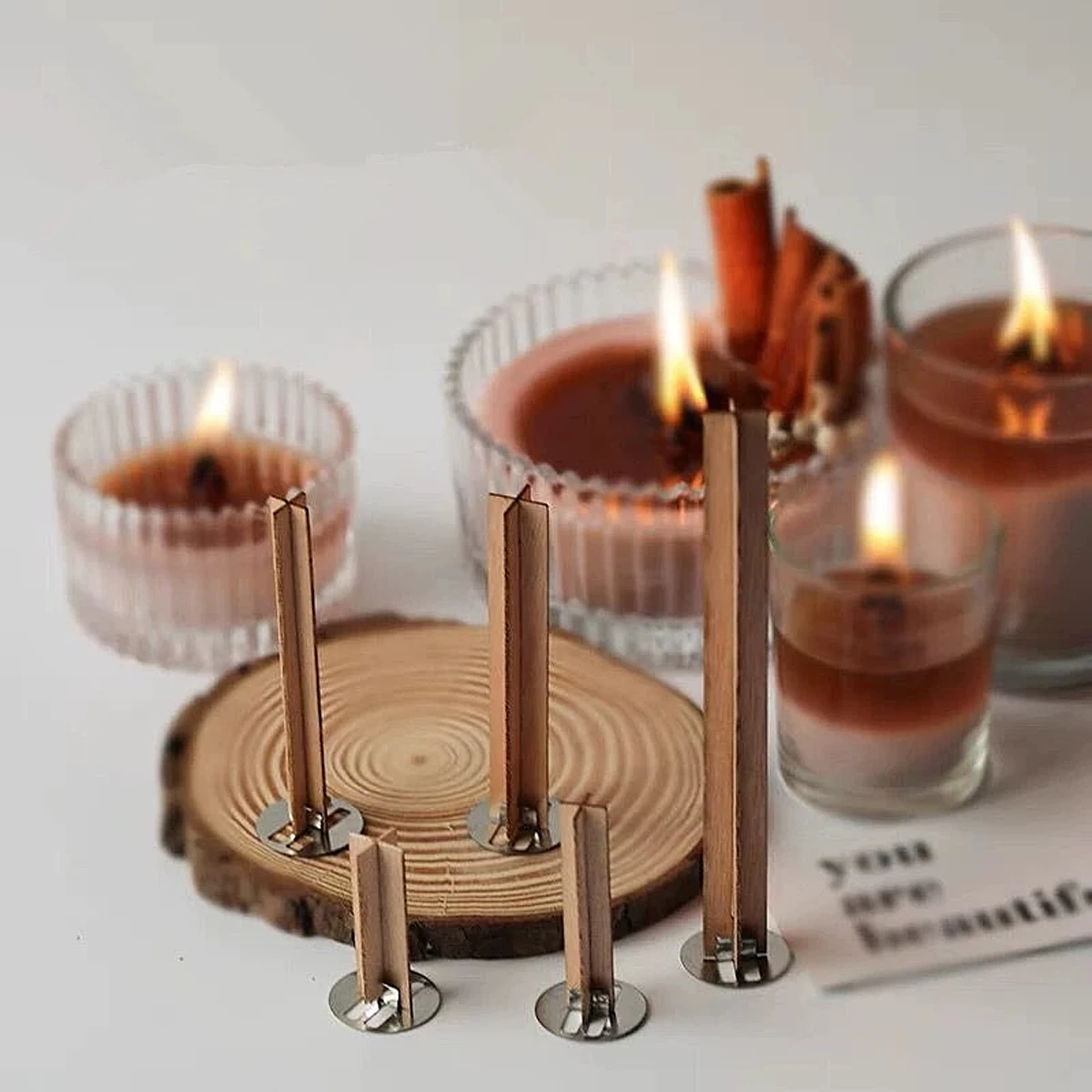 10pcs/set Cross Wooden Wick Multi Size Naturally Smokeless Wooden Wax Core & Metal Clips DIY Aromatherapy Candle Making Supplies