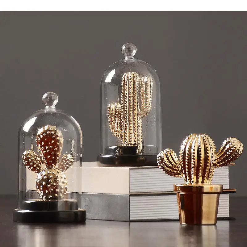 Glass Cover Cactus Ceramic Handicraft Ornaments Imitation Plants Golden Home Decoration Sculpture Crystal Figurines