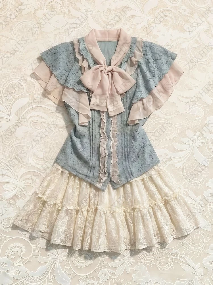 Aesthetic 2000s Crop Top Women Clothing Harajuku Vintage Kawaii Summer Lolita Japanese Sweet Girl Camis Bow Blue Y2k T shirts