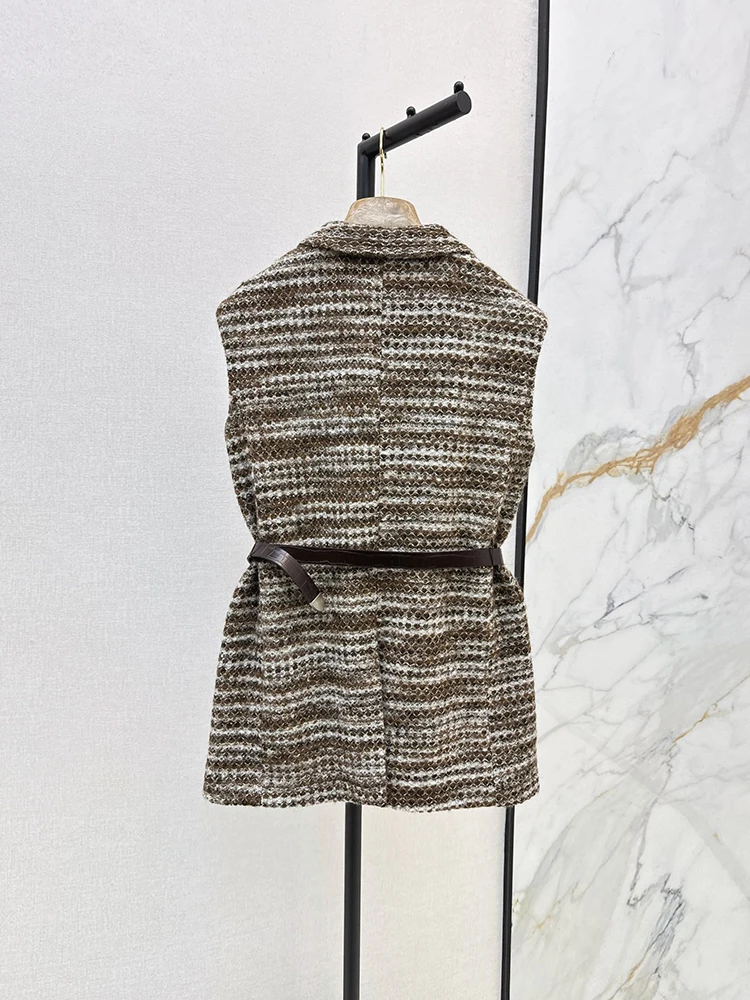 Spring Summer Fashion Vintage Striped Long Style Jackets Women's Shawl Collar Sleeveless Fake Pocket Belt Single Breasted Coat
