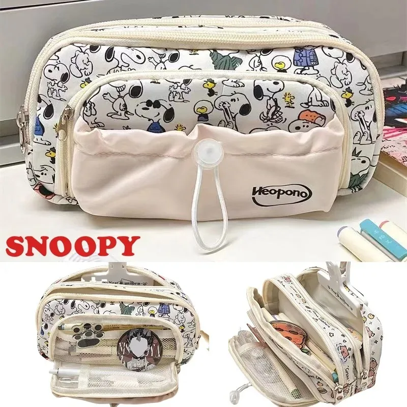 Estuche de lápices de Anime Snoopy, bolsa de bolígrafos de dibujos animados con cordón, gran capacidad, para mujeres, estudiantes, niñas, almacenamiento de papelería escolar, caja de bolígrafos para niños