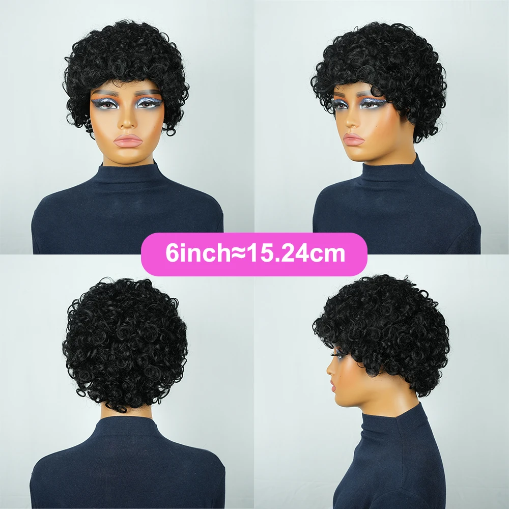 ピクシーカットウィッグ ショート キンキーカール 人毛ウィッグ ブラジル産レミーヘア 機械製 黒人女性向け 生え際プレプラッキング済み カールウィッグ