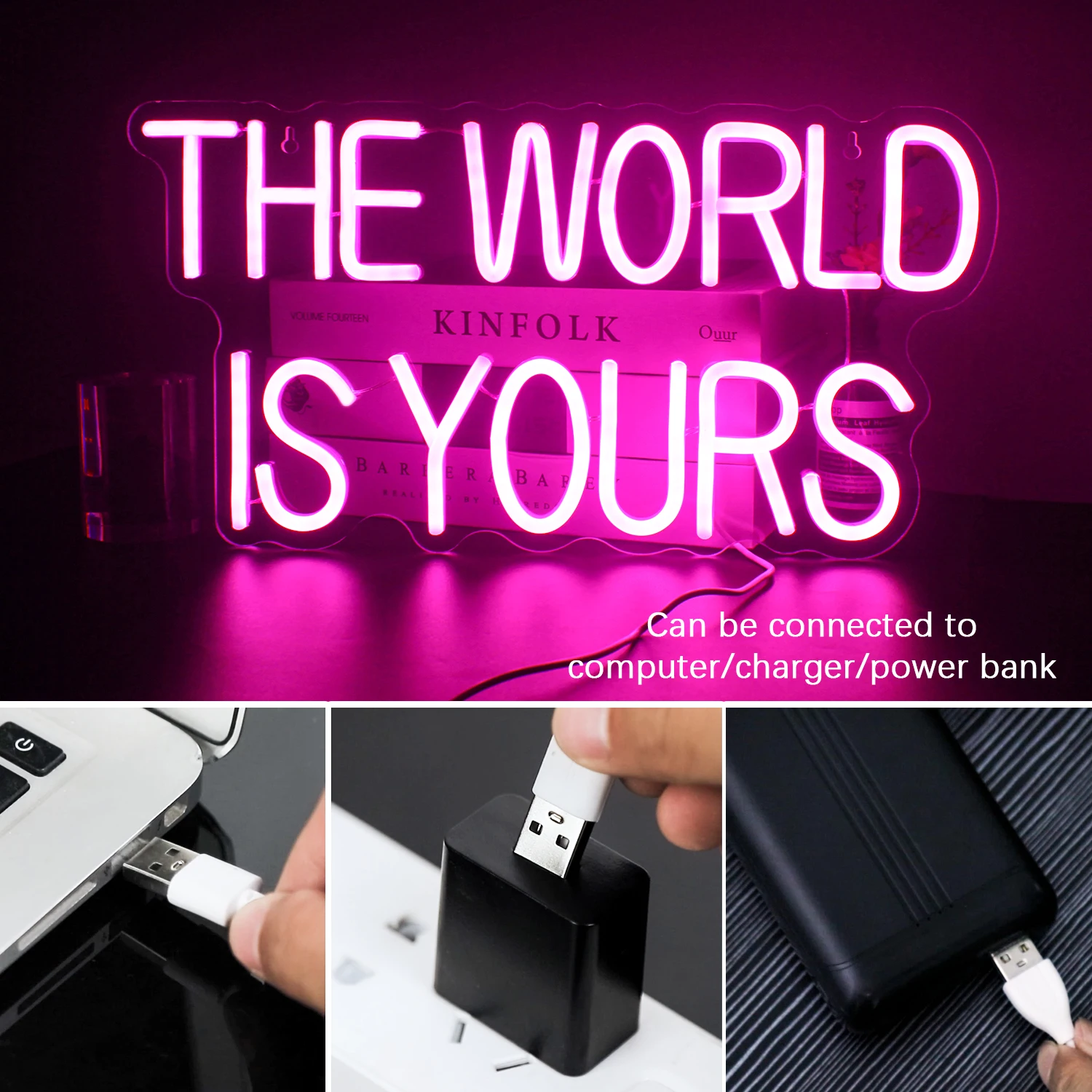 USB LED Neon Sign Light, O mundo é seu, Rosa, Decoração da parede do quarto, Casamento, Noivado, Dia dos Namorados