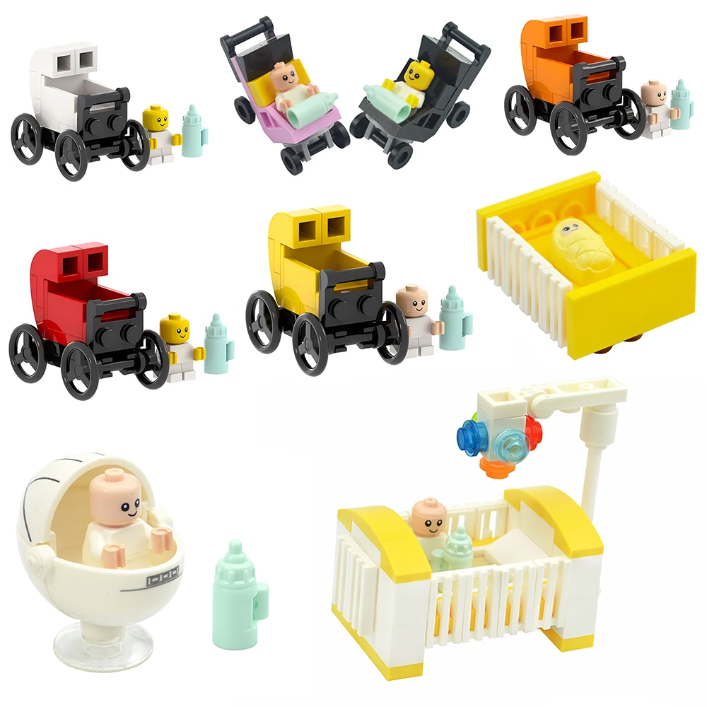 MOC City-décennie s de construction de poussette de bébé, figurines de meubles de maison, âge de bébé Cheshire, bouteille de lit, cheval, chaise haute, briques d'assemblage, jouets pour enfants