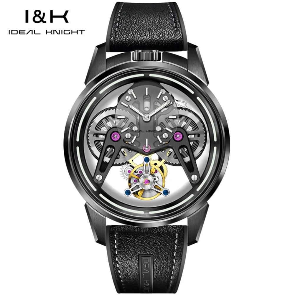 Ideal Knight – montre mécanique pour hommes, mouvement à volant d'inertie, série Future Warrior, haut de luxe, acier noir, miroir saphir