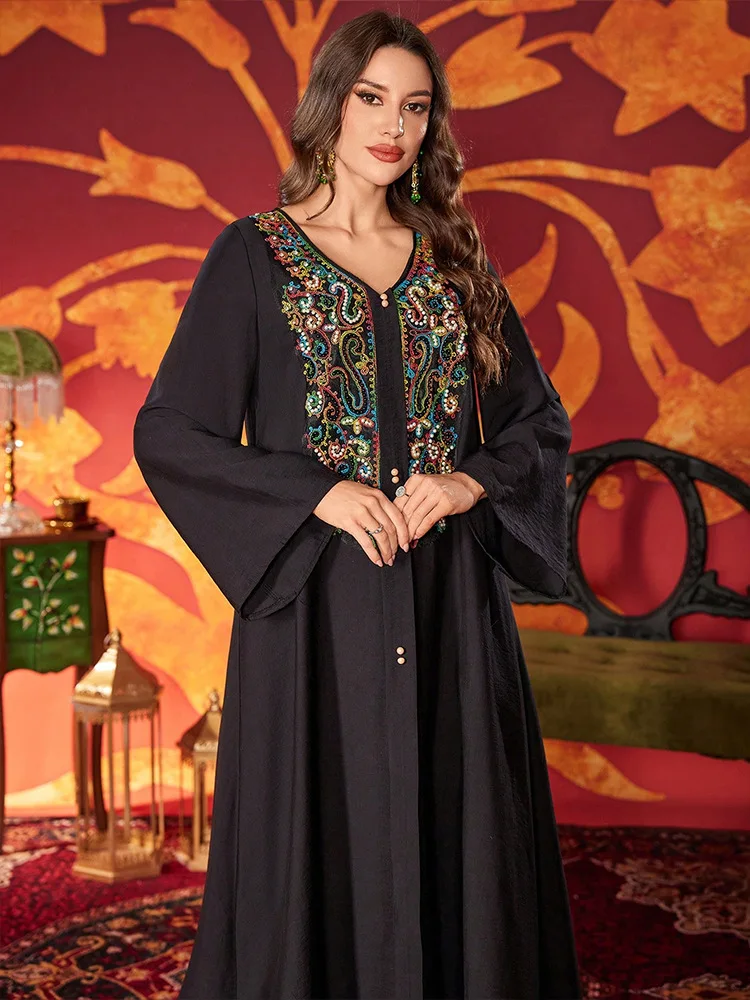 

Ramadan Embroidery Muslim Dresses for Women Beads Abaya Dubai Kaftan Turkey Caftan Marocain Femme Robe Islam Jalabiya Vestidos