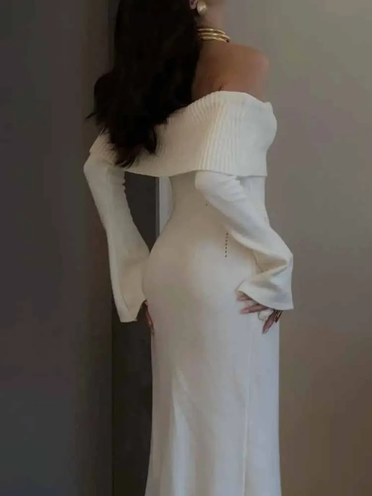 MCDV Abito sexy in maglia con spalle scoperte Abito lungo aderente a maniche lunghe con spacco 2025 Abiti lunghi da festa eleganti autunnali