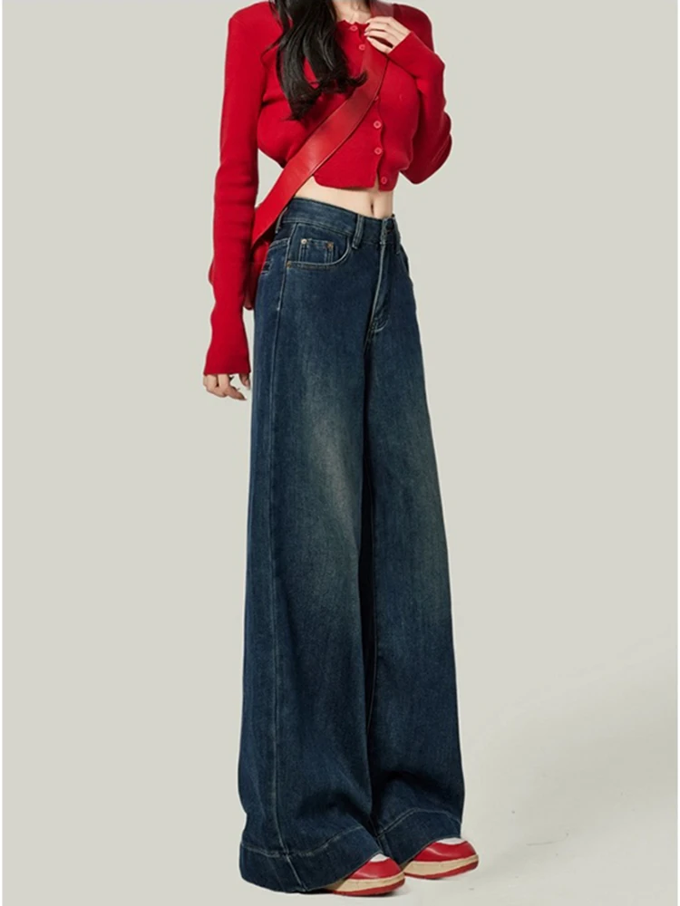 New Retro Blue High Waist Women Jeans New Slim Fashion Woman Jeans Blue Street Casual Loose Wide Leg Pants Female Chicly