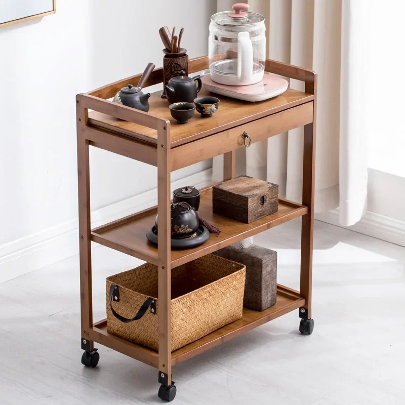 Solid Wood 3 Tier Shelf Serving Table with Wheels Drawer Kitchen Storage Cart Bar Cart Wine Tea Serving Cart Trolley