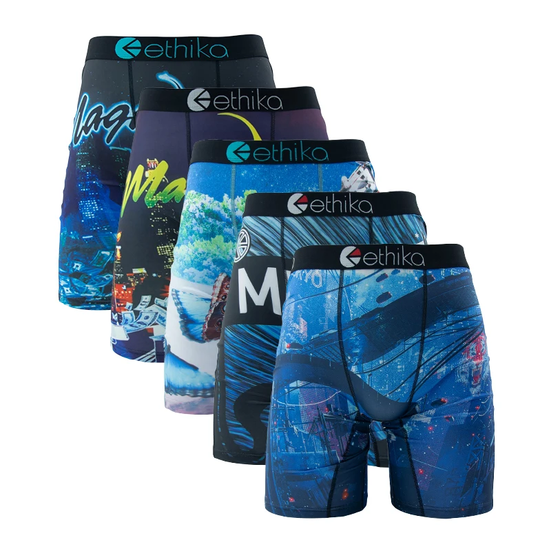 

Мужские трусы-боксеры ETHIKA, 5 шт., сексуальные, шелковистые, дышащие, с сетчатой вставкой, больших размеров, с принтом