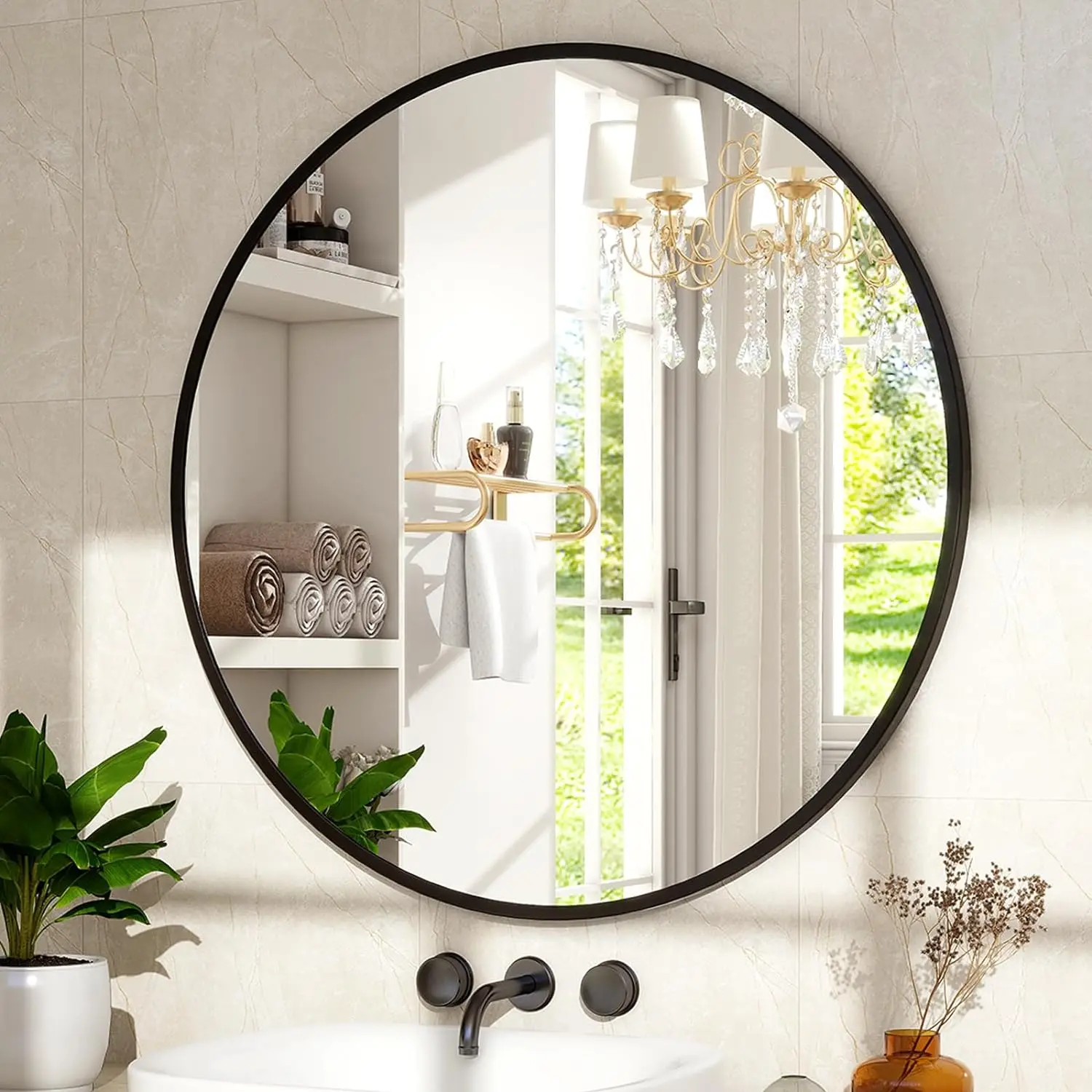 36 Inch Round Metal Wall Mirror Stylish Circle Mirror for Entryway, Bathroom, and Living Room Decor Matte Circle Wall Mirror