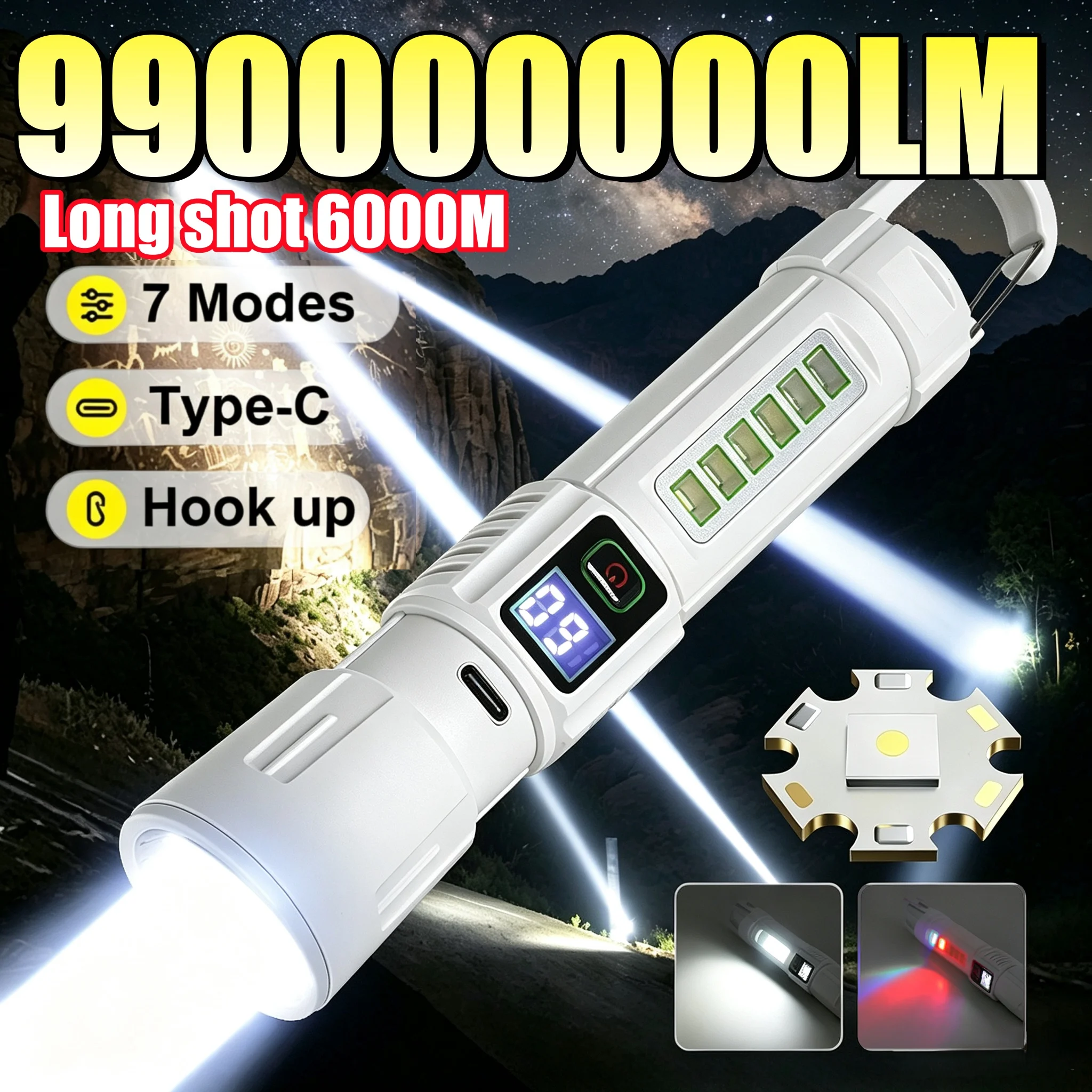 2026 New Super Bright LED Flashlight Long Shot 6000M USB Rechargeable Torch Waterproof Portable Light for Camping Hiking Fishing
