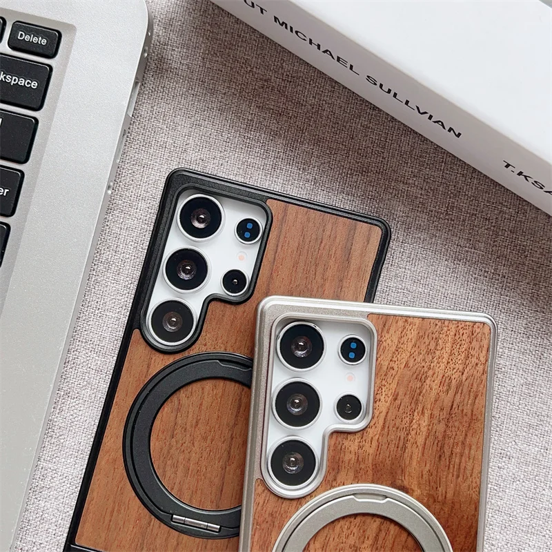 Magnetic Push-Pull 360 Rotate Bracket Metal Phone Case For Samsung Galaxy S23 S24 S25 Ultra Magsafe Walnut Wood Shockproof Cover