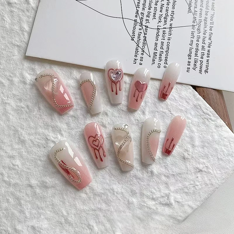 

10pcs pure handmade coffin shaped nail art, beautiful fake nails, pink and white gradient heart, suitable for women to use