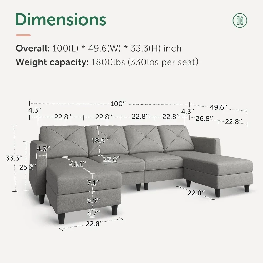 U Shaped Sectional Couch Convertible Sectional Couch with Double Chaise 4 Seat Sectional Couch for Living Room, Light Grey