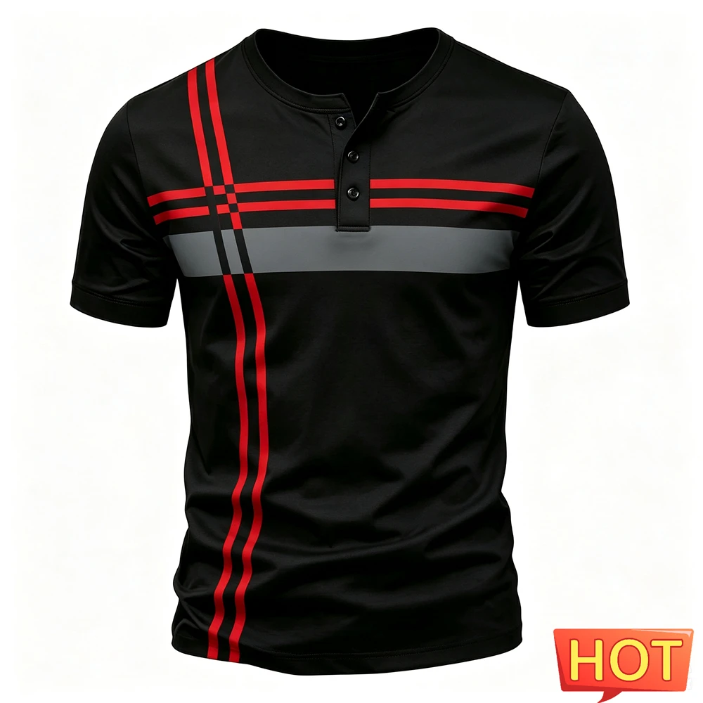 Simple Stripes Print Men Henry T shirts Summer Casual Henry Collar Short Sleeve Button Shirt Fashion Loose Tops Hip Hop Clothing view 6
