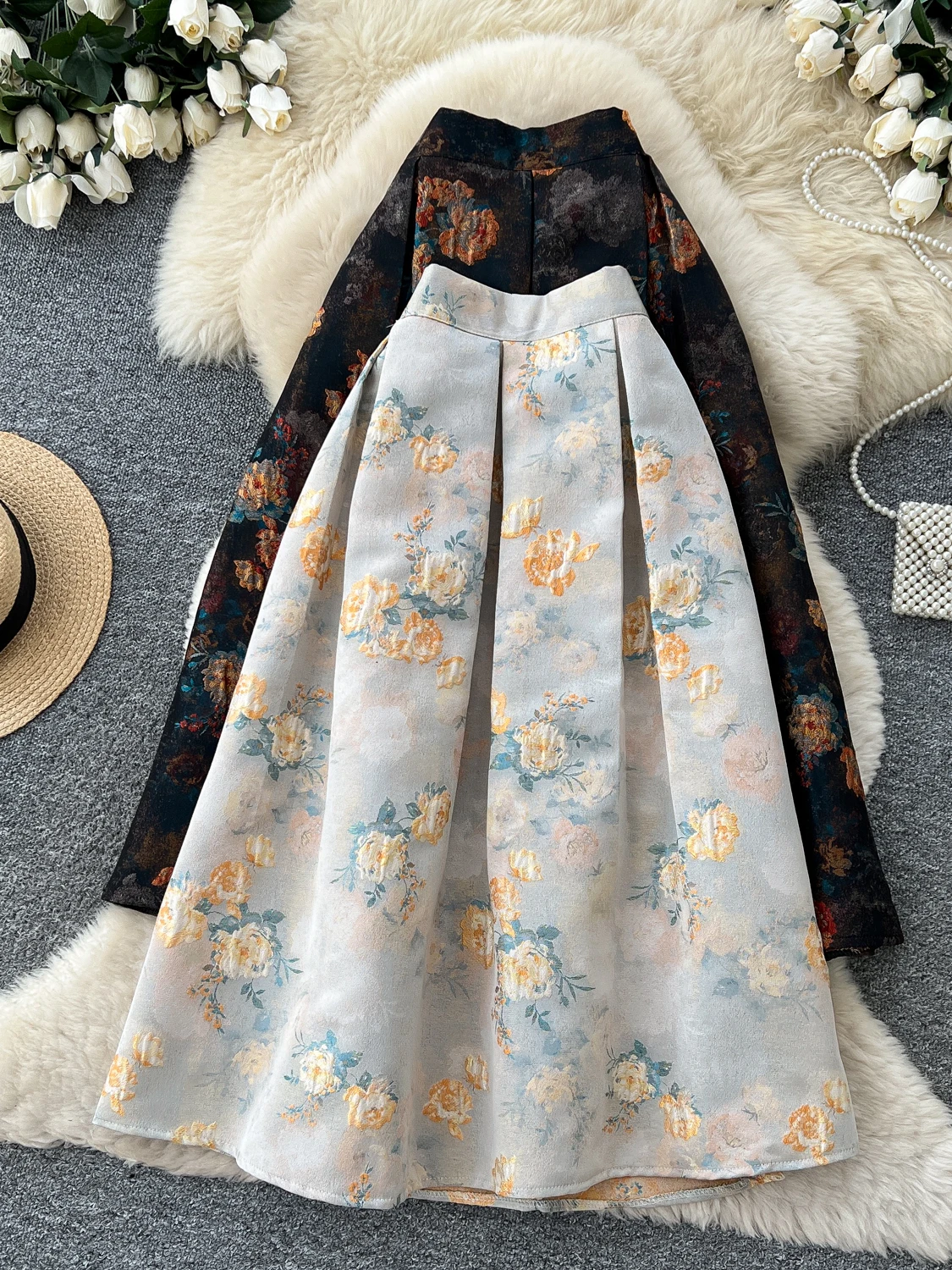 Midi Skirt Floral - 레트로 코트 플로럴 A라인 미디 스커트
