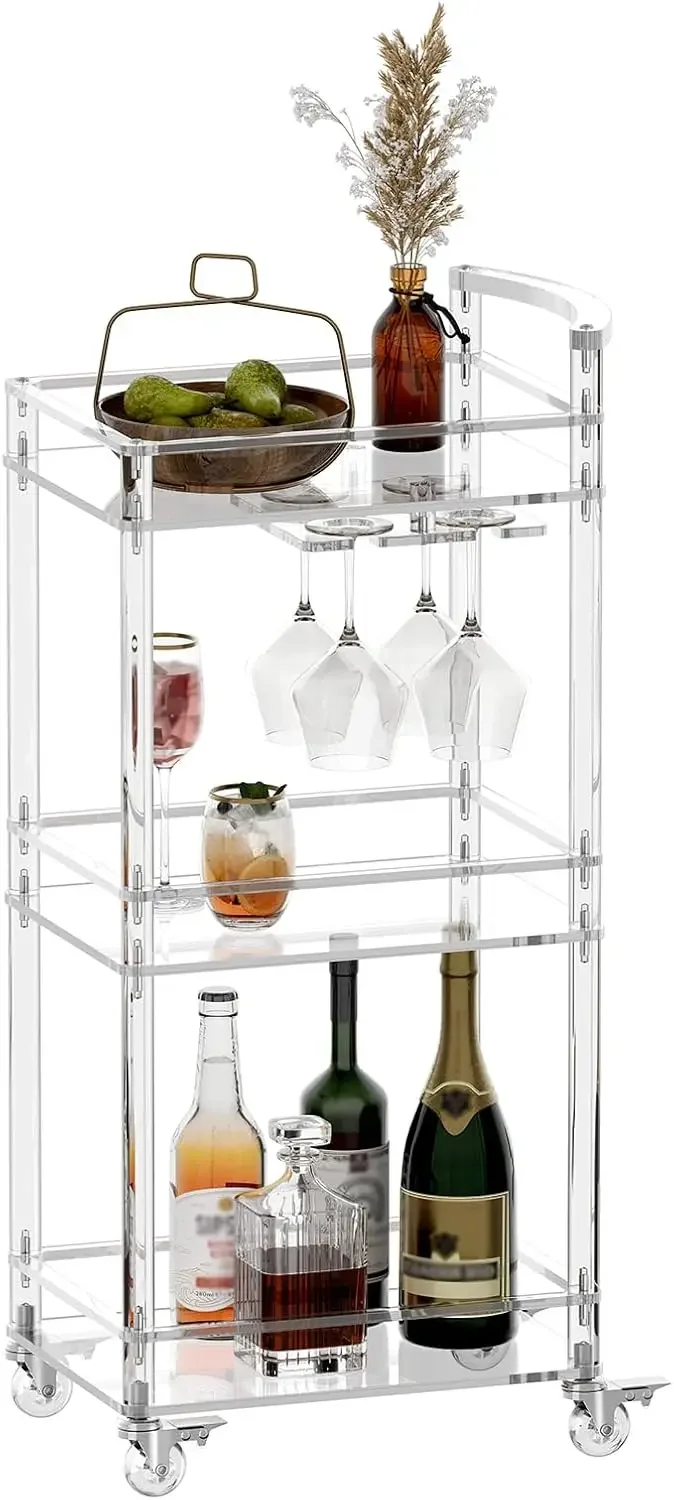 Small Acrylic Bar cart - 3 Tier Home Bar Cart Rolling Serving Cart with 4 Lockable Wheels, Glass Holders, Handle, for Living Roo