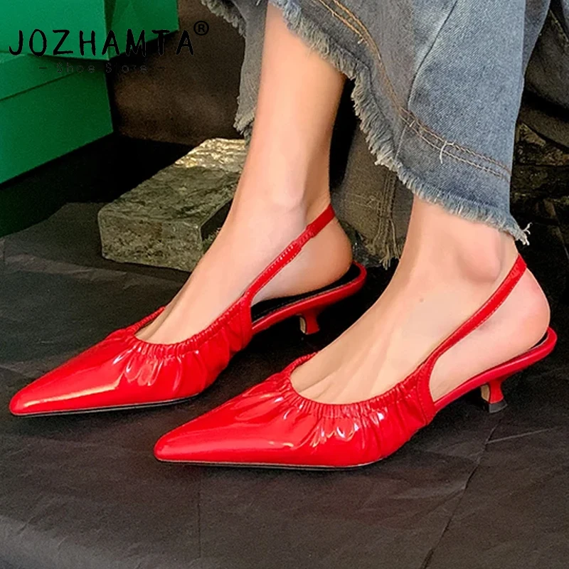 JOZHAMTA Size 34-40 Women Kitten Heel Slingback Sandals Real Leather Elastic Mid Heels Summer Shoes Red Party Wedding Sandalias