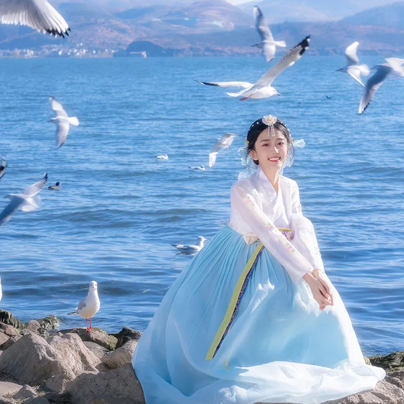 Hanbok-vestido tradicional de gasa azul para mujer, traje de corte coreano para boda, Kimono, ropa de las islas de Asia y el Pacífico, 2023