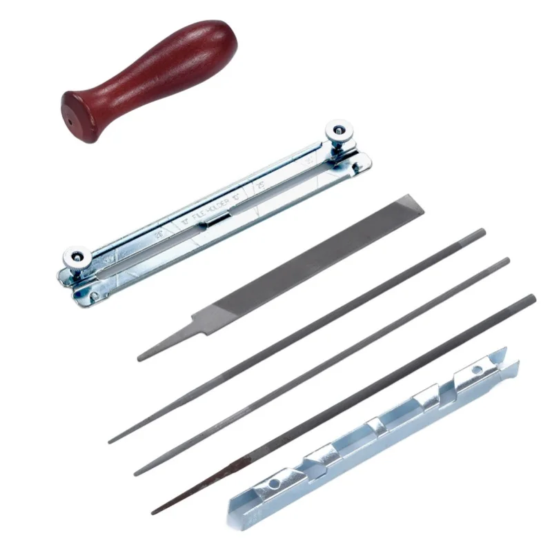 

Набор для заточки цепей бензопил из 8 предметов: напильники, инструменты для заточки зубьев цепи, измеритель и рукоятка