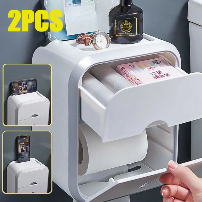 Tissue Box Wall Mounted Waterproof Toilet Tissue Storage Box Multi-function Toilet Paper Holder Box Bathroom Storage Products