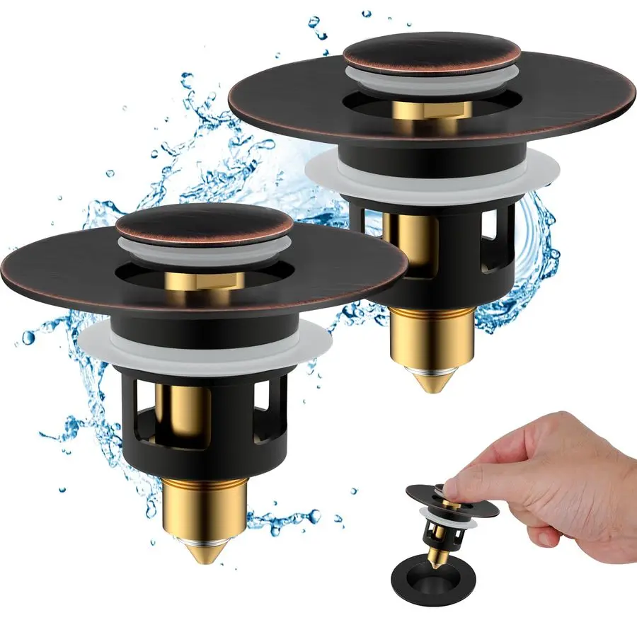 

2 Pack All Metal Universal Bathroom Sink Stopper for 1.12.3 Basin, Pop Up Sink Drain Strainer, Brass Core Push Type Stopper, Sta