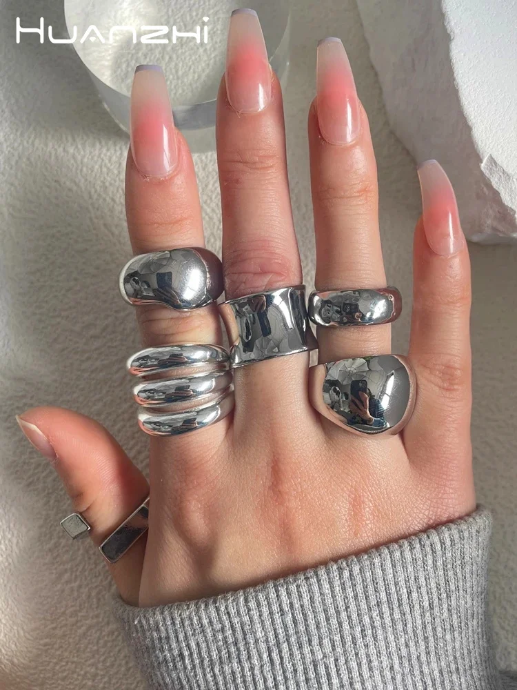 HUANZHI Silver Color Multilayer Big Rings for Women Girls Geometric Titanium Steel Irregular Chunky Rings Large Exaggerated