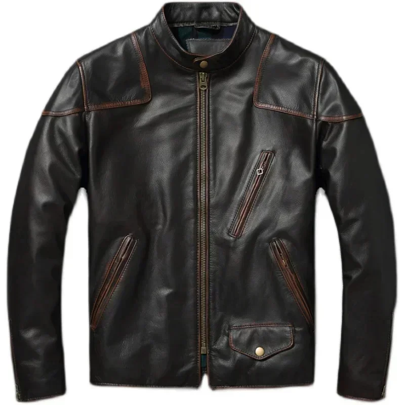 Vintage Genuine Cowhide Leather Jacket for Men Retro Motorcycle s Standing Collar