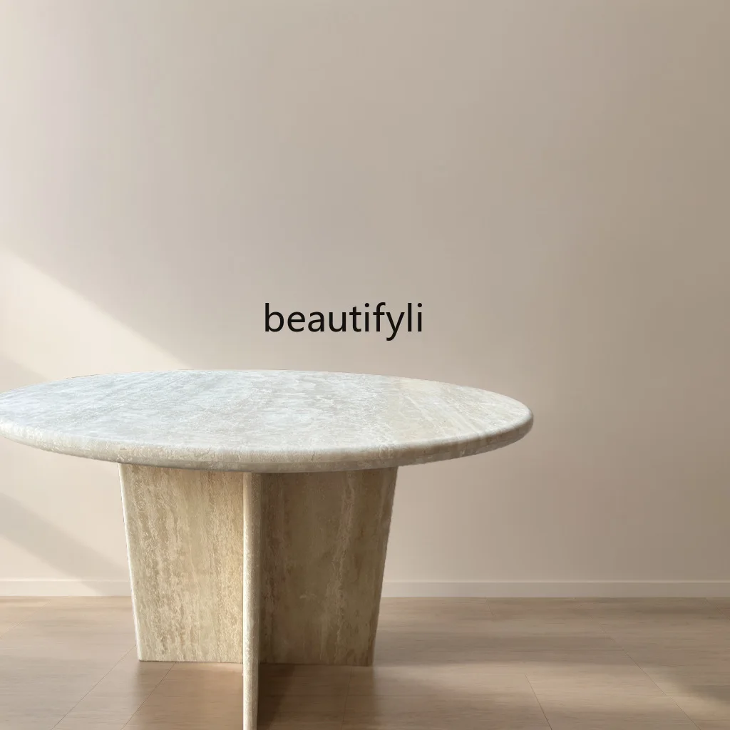 

Round travertine living room coffee table large apartment sofa cream wind edge table marble dining table