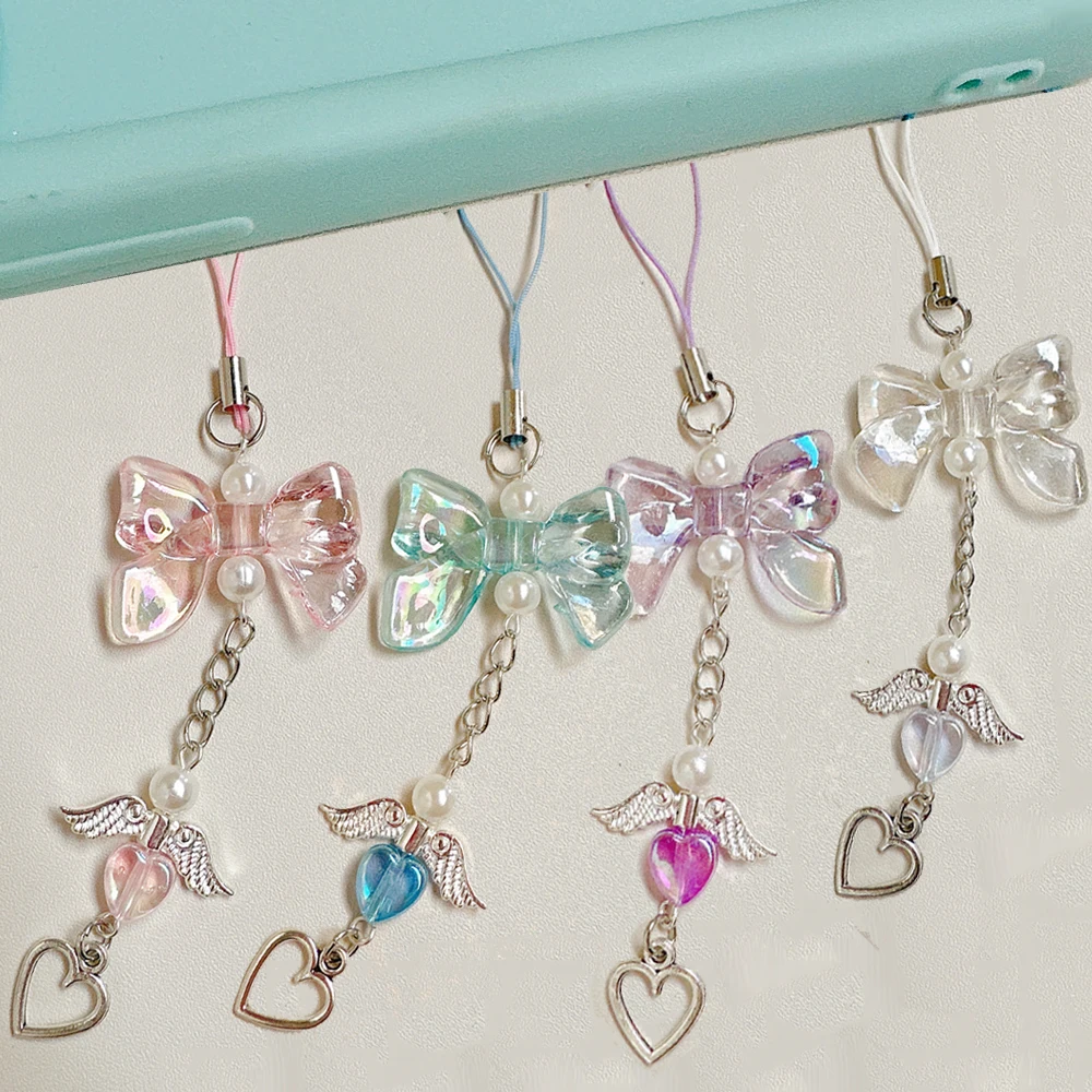 

Y2K Phone Charm Sweet Bow Keychain Lanyard Korean Style Phone Chain Bag Keychains Pink Blue Strap Lanyard Pendant Girl Key Chain