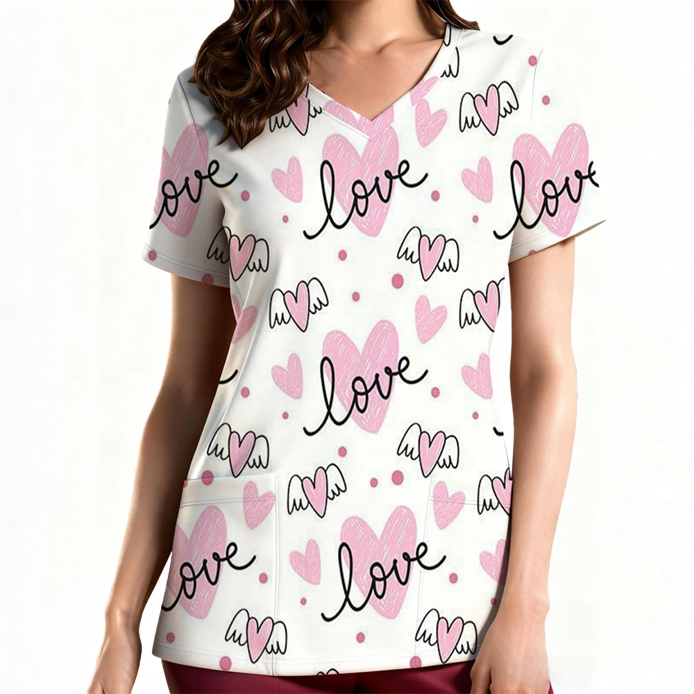 女性用花柄看護ユニフォーム レディース半袖Vネック介護従事者看護師作業用医療スクラブユニフォームブラウストップスユニフォーム