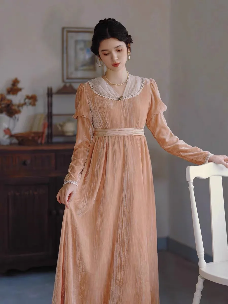 84-96cm Bust Spring Autumn Women Romantic Prairie Style Lace Patchwork Floral Embroidered Velvet Pink Dresses