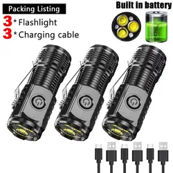 3LED Super Bright Flashlight Portable Mini Burst Flash Torch USB Rechargeable Outdoor Emergency Lantern Spotlight with Pen Clip