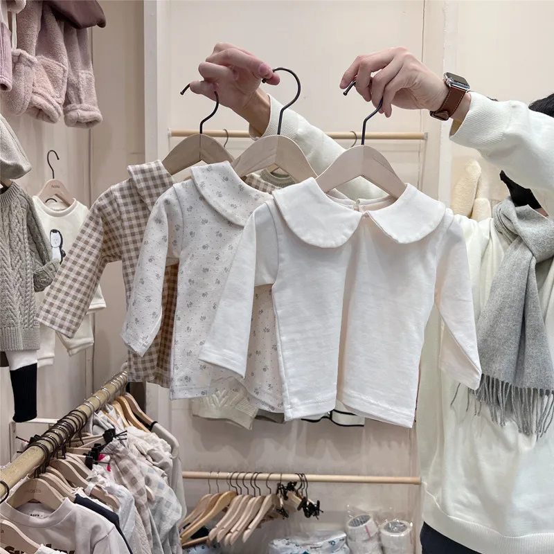 2025 Autumn and Spring Baby Base Shirt Cotton T-shirt Long Sleeved Plaid Small Floral Cute Baby Girl Comfortable Top Clothes