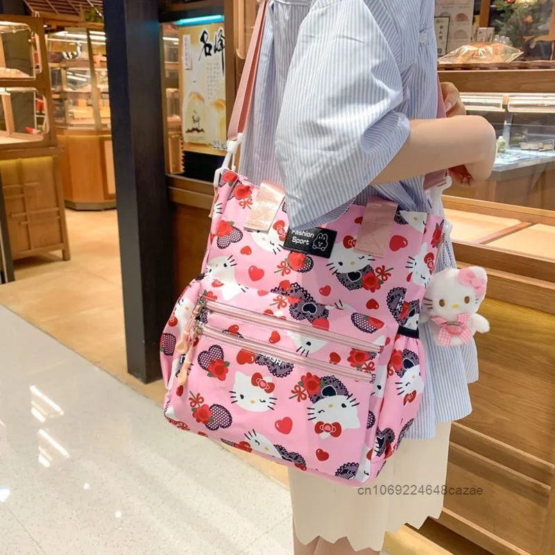 Sanrio Hello Kitty Nylon Women Shoulder Bag Japanese Style Large Capacity Cute Print Tote Bag Sweet Student Kawaii Crossbody Bag