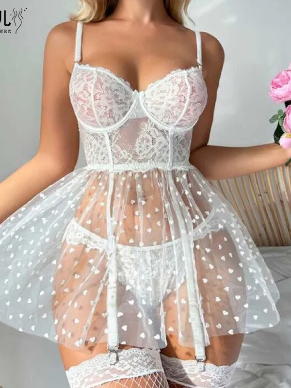 Small Chest Sexy Seductive Battle Robe Sleepwear Uniform Lace White Dress Elegant Fashion Sexy Tank Mini Dress Mesh Lace EW94