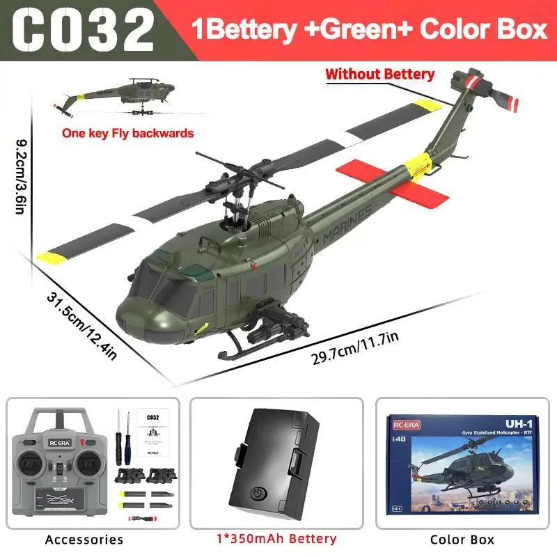 C032 RC Helicopter UH-1 2.4G 6CH Altitude Hold Optical Flow Brushless Remote Control Helicopter Toys For Kid Adult