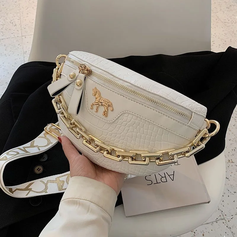 Thick Chain Women\'s Waist Bag Alligator Pattern Fanny Pack Fashion Shoulder Crossbody Chest Bags Banana Handbag Female Belt Bag