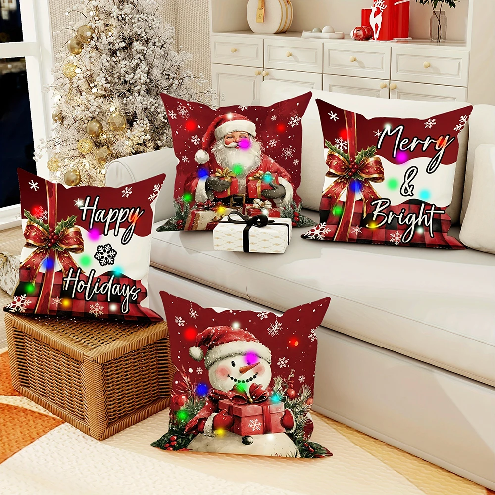 Funda de almohada luminosa con luz LED, diseño de patrón de caja de regalo de muñeco de nieve de Papá Noel, adecuada para decoración del hogar de fiesta de Navidad