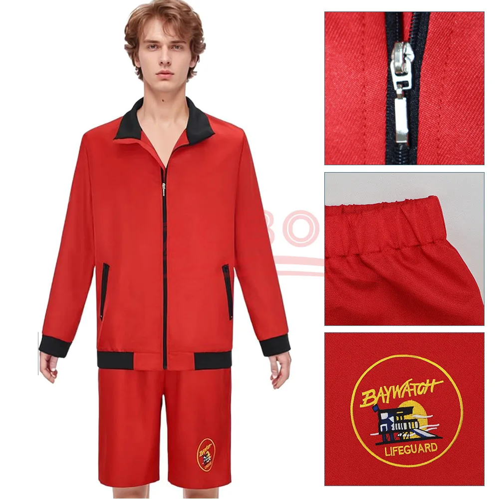 الكبار ميتش بوشانون معطف Baywatch ديفيد هاسلهوف تأثيري حلي الشاطئ نمط سترة حمراء وسراويل الكبار الرجال هالوين البدلة